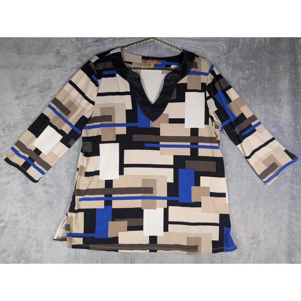 Ellen Tracy Womens Blue Tan Geometric Abstract V-Neck 3/4 Sleeve Tunic Top Large